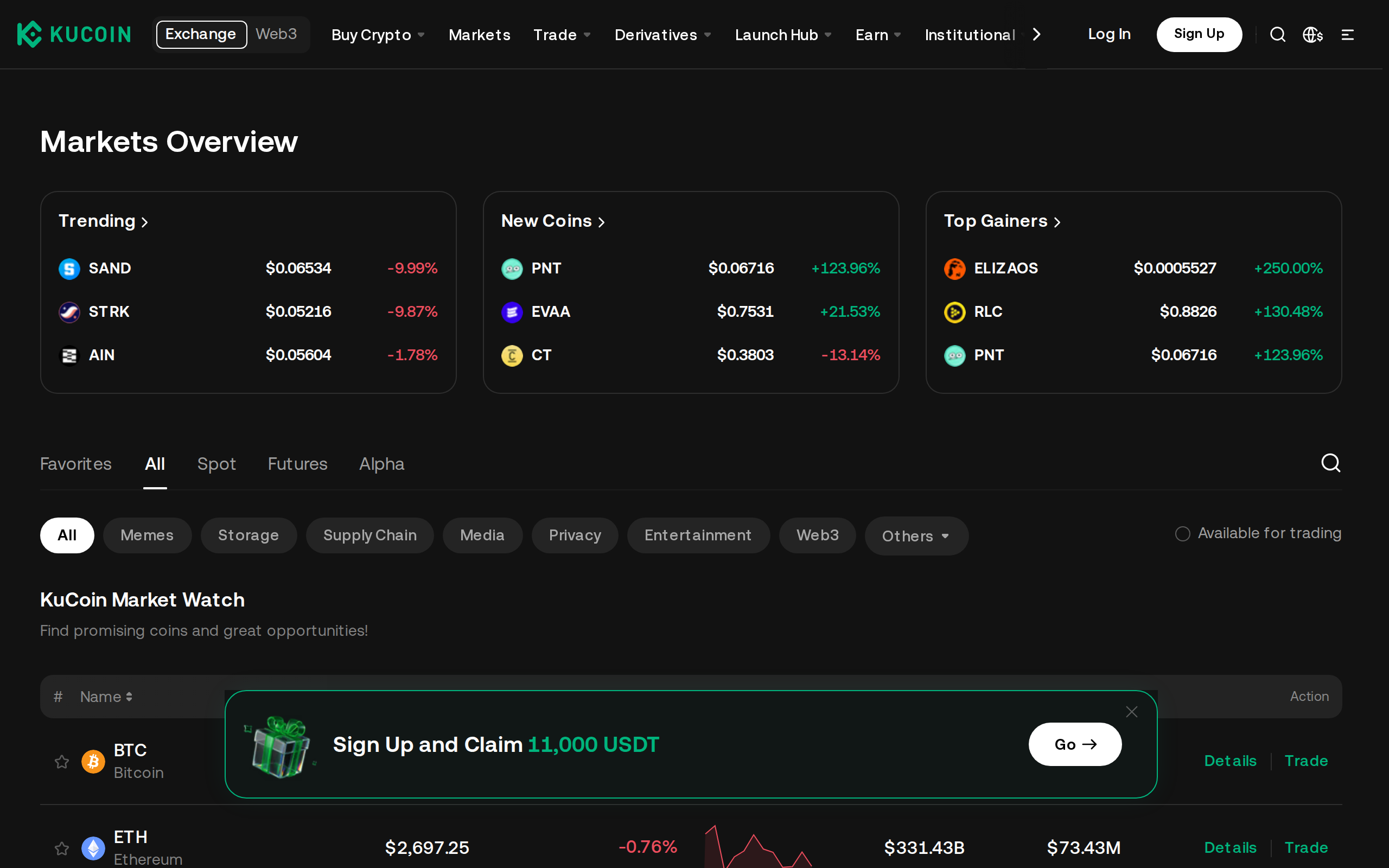 KuCoin Market Watch page with live coin prices and the tagline Find promising coins and great opportunities