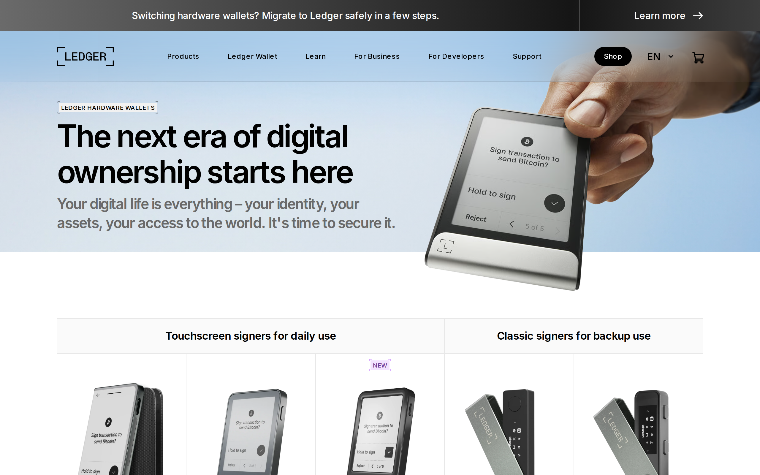 Ledger's hardware wallet comparison page listing its current models