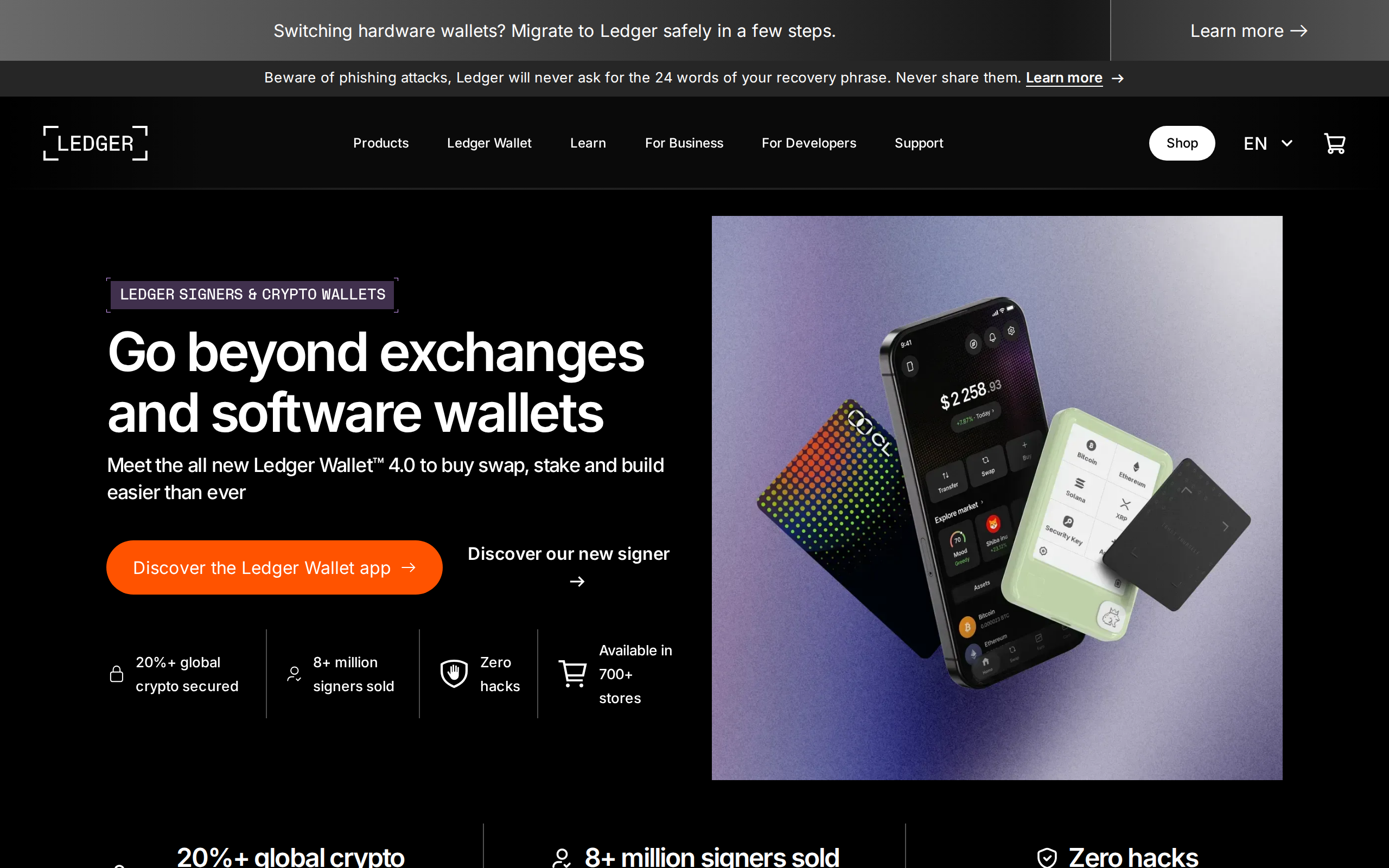 Ledger.com page for its signers and crypto wallets with the heading Go beyond exchanges and software wallets