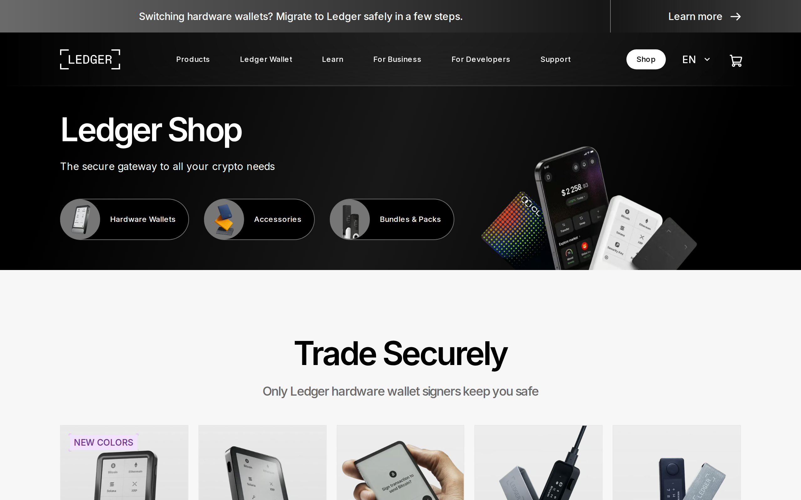 Ledger shop page with a row of hardware wallets and the heading Ledger Shop