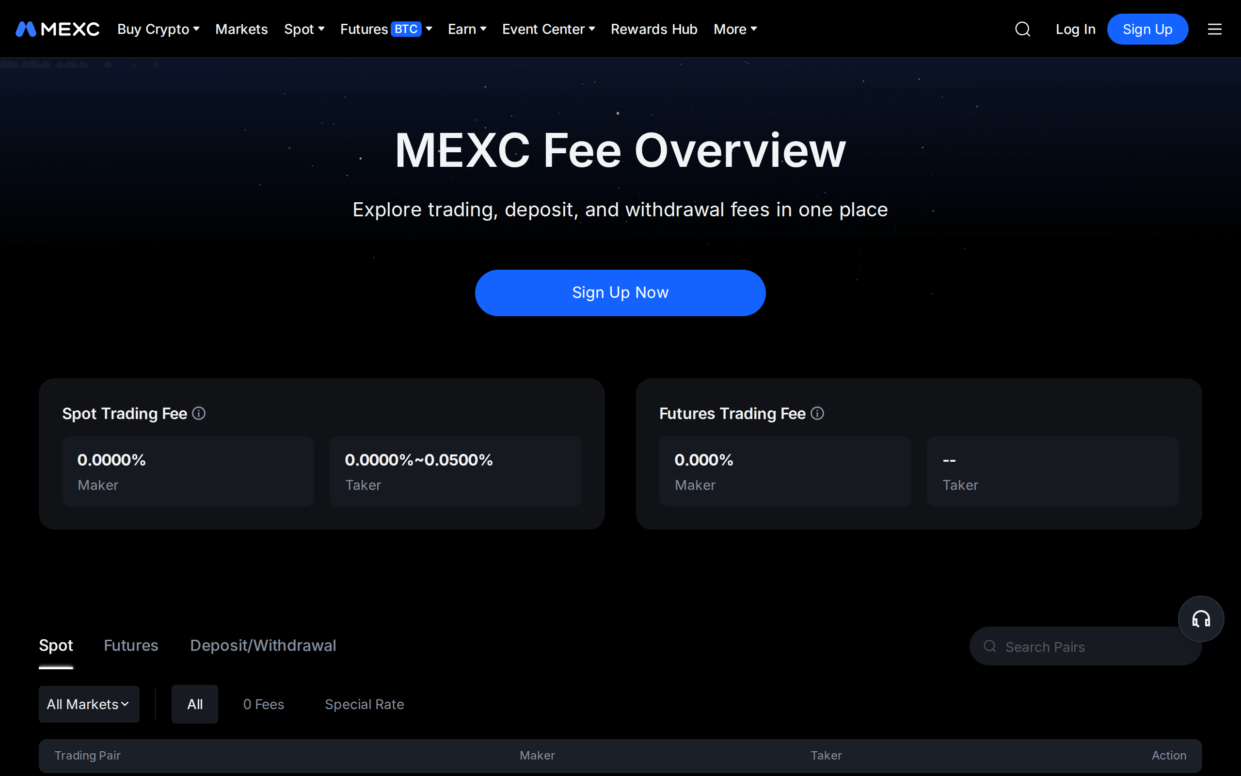 MEXC fee overview page