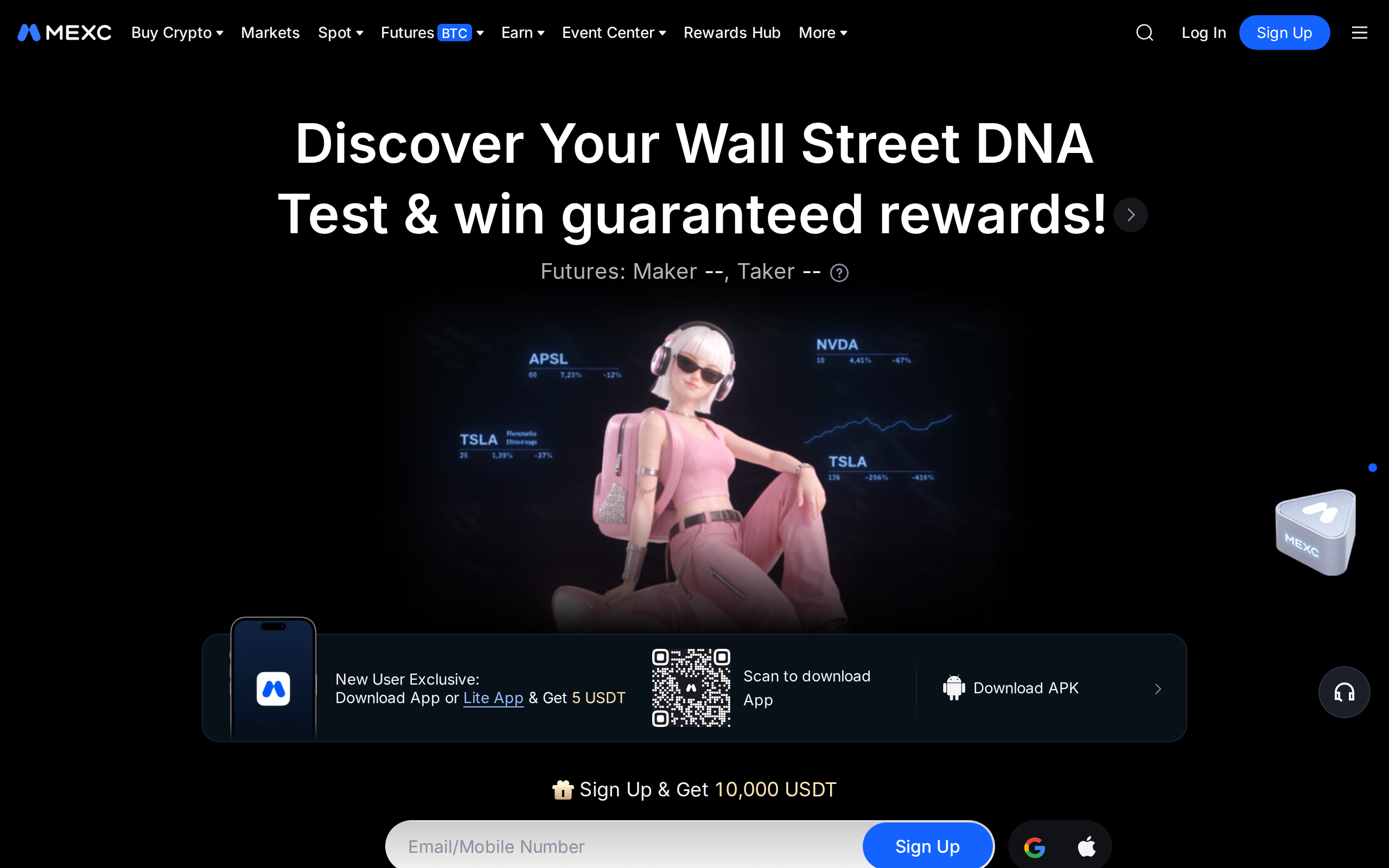 MEXC homepage on a black background with a sign-up form and the headline Discover Your Wall Street DNA Test