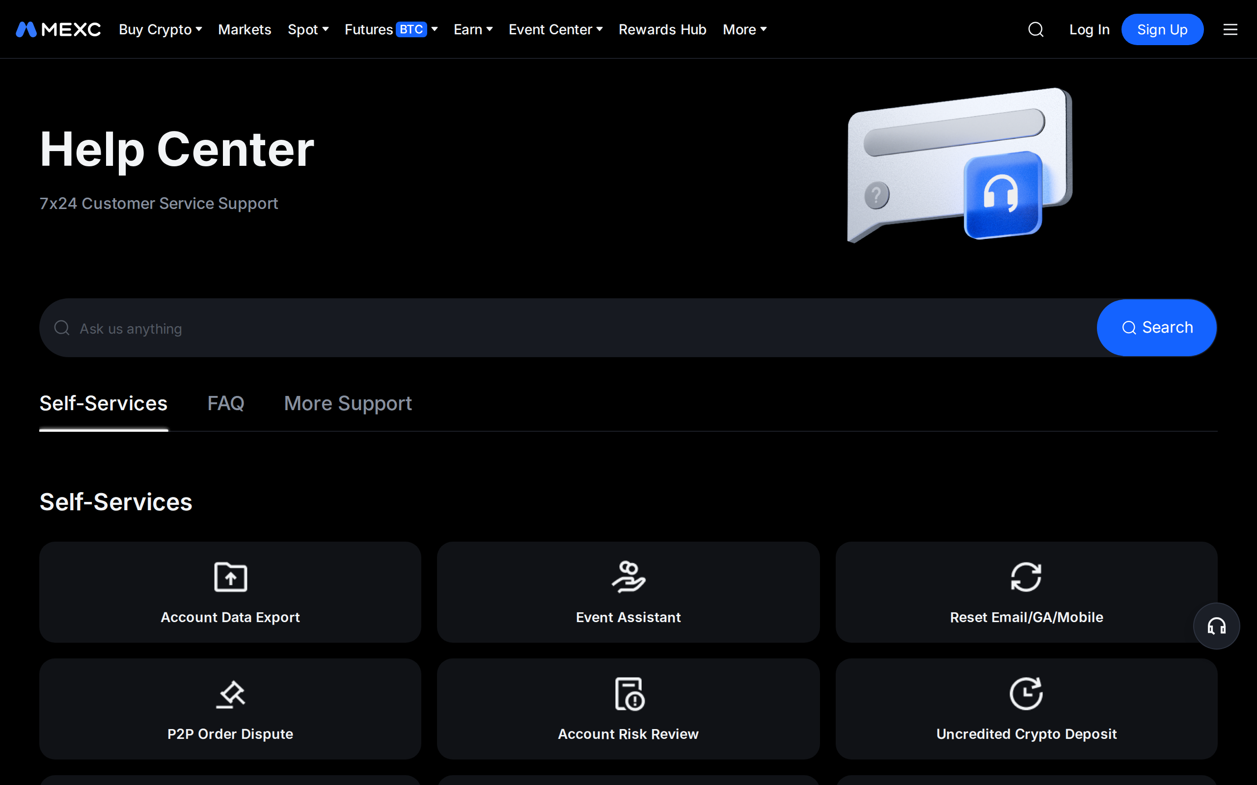 MEXC Help Center page with self-service tools and 24/7 customer service