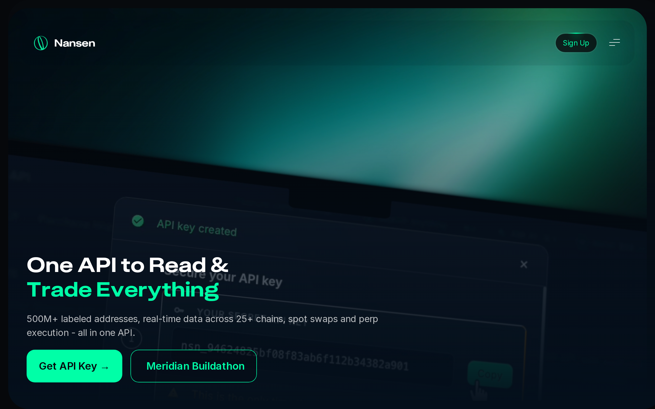 Nansen API page with the heading One API to Read and Trade Everything and a line about 500M+ labeled addresses