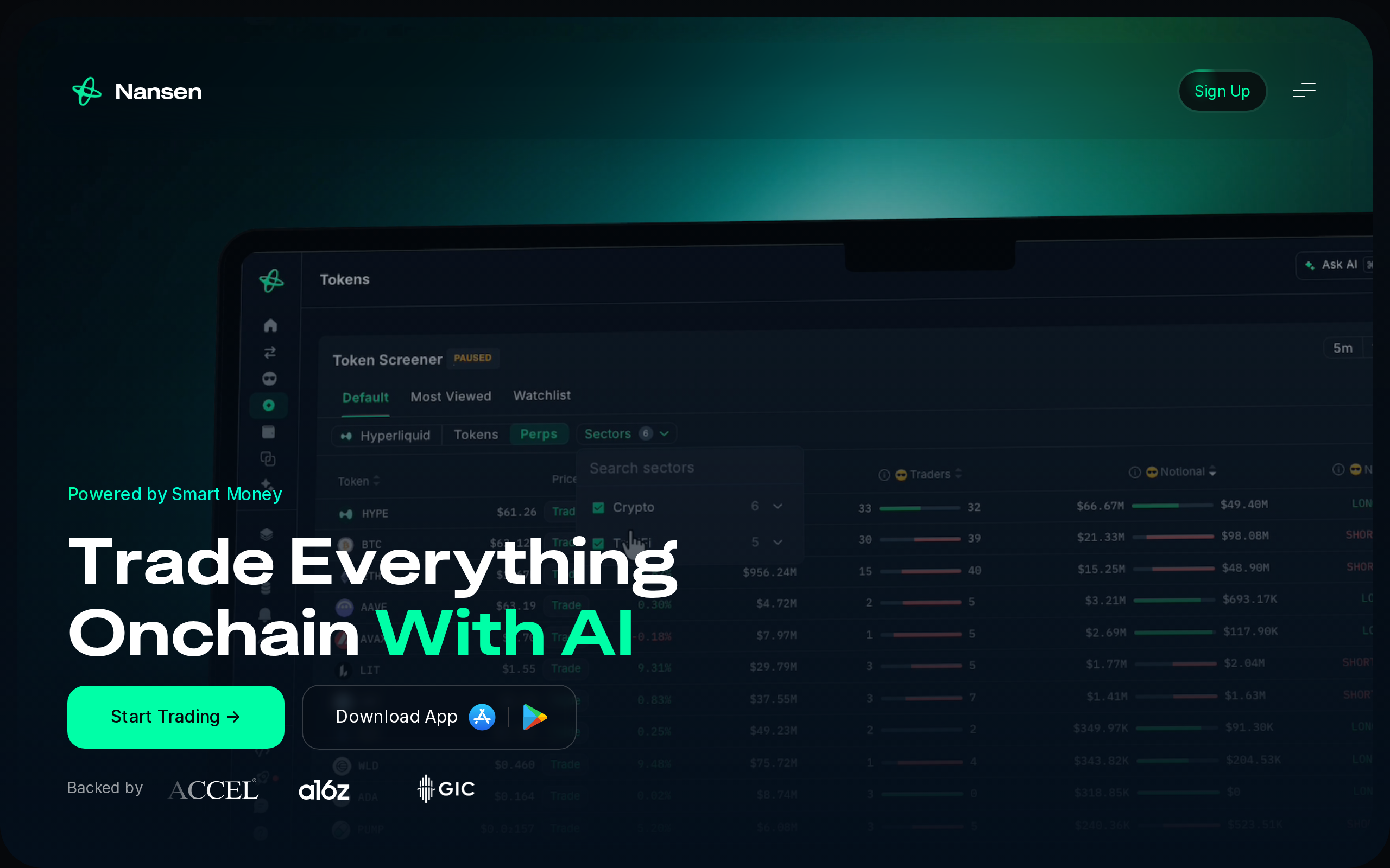Nansen homepage on a dark background with the headline Trade Everything Onchain With AI