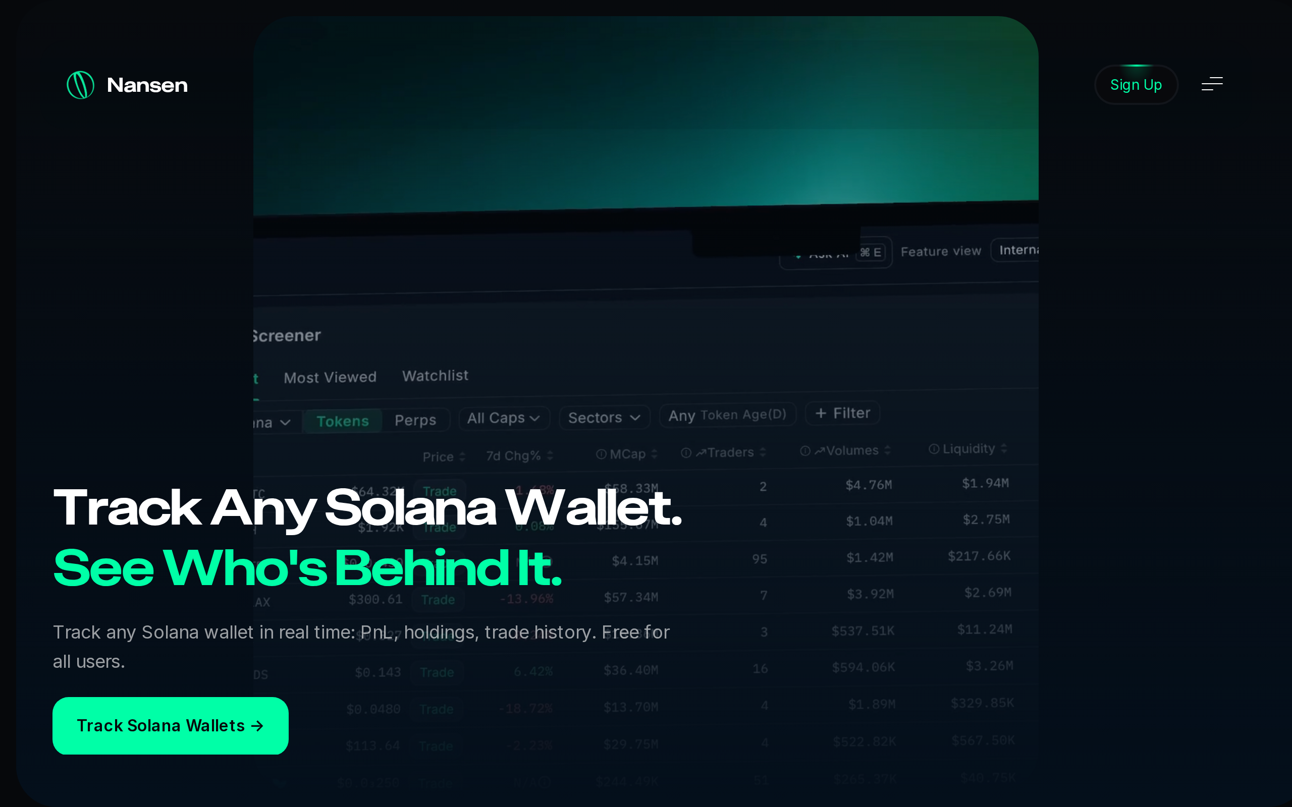 Nansen Solana wallet tracker page headed Track Any Solana Wallet and See Who's Behind It