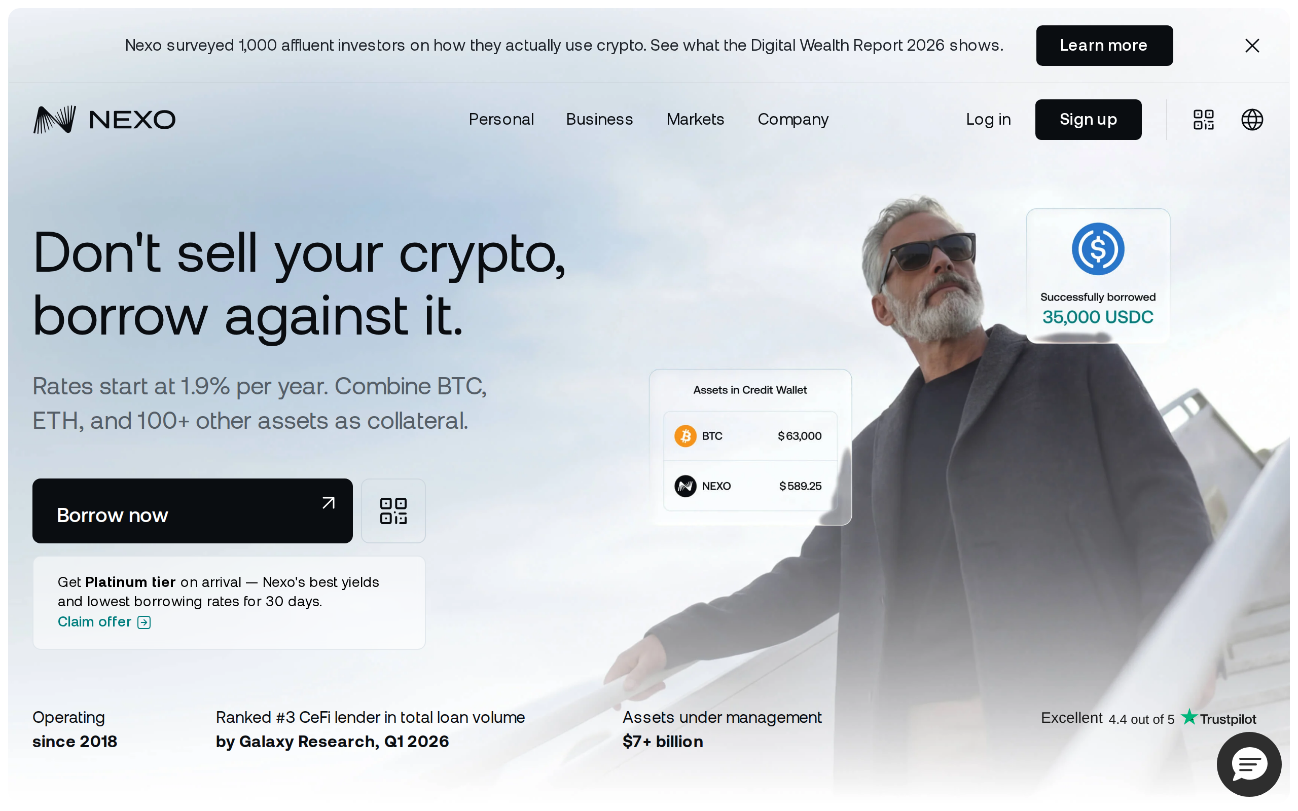 Nexo borrow page with the headline Don't sell your crypto, borrow against it