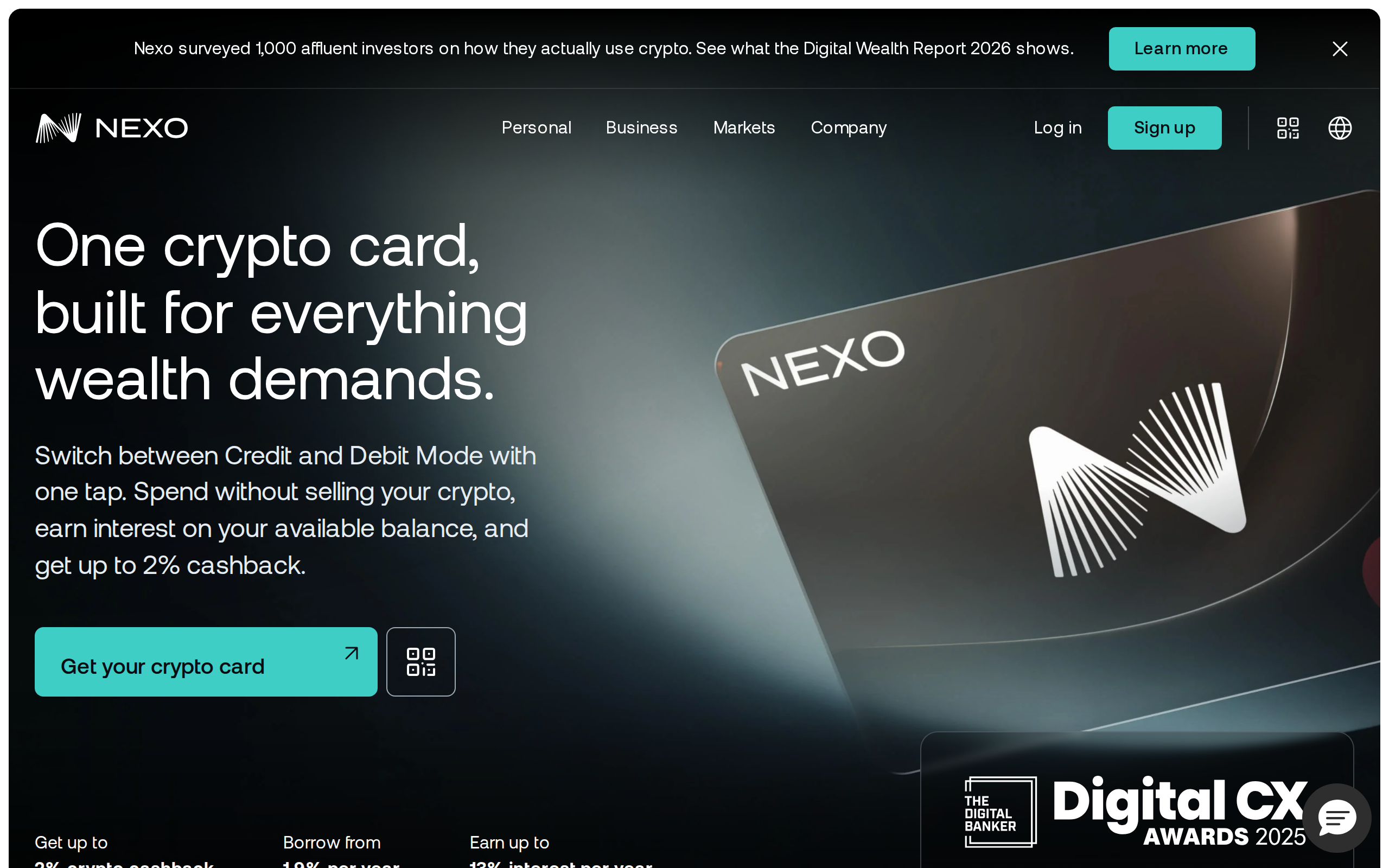 Nexo Card page showing a dark metal card above the headline One crypto card, built for everything wealth demands