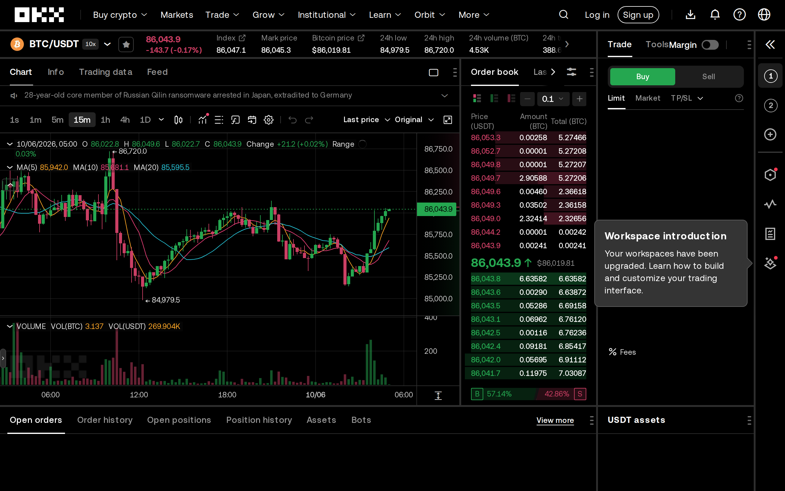 OKX BTC/USDT spot trading screen with the order book and chart in a dark layout