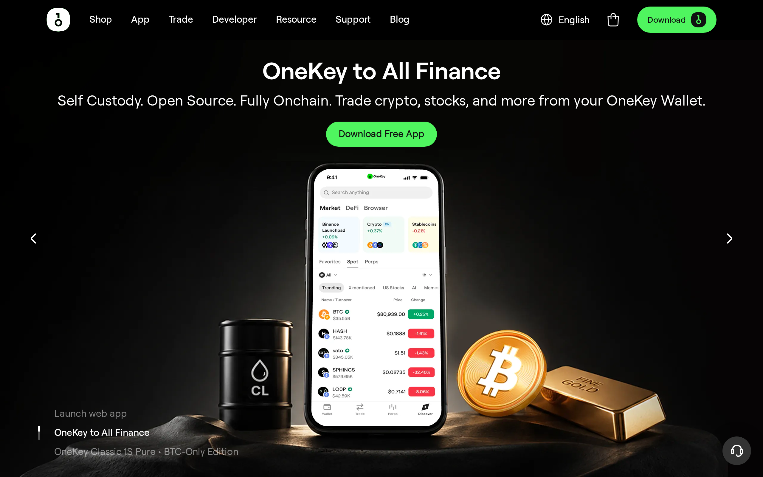OneKey homepage with the text Self Custody, Open Source, Fully Onchain and a line about battery-free storage