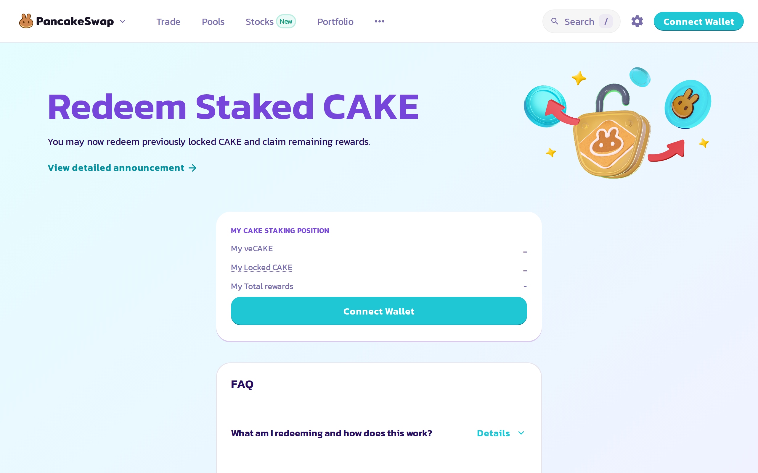 PancakeSwap page headlined 'Redeem Staked CAKE' explaining how to claim locked CAKE and rewards