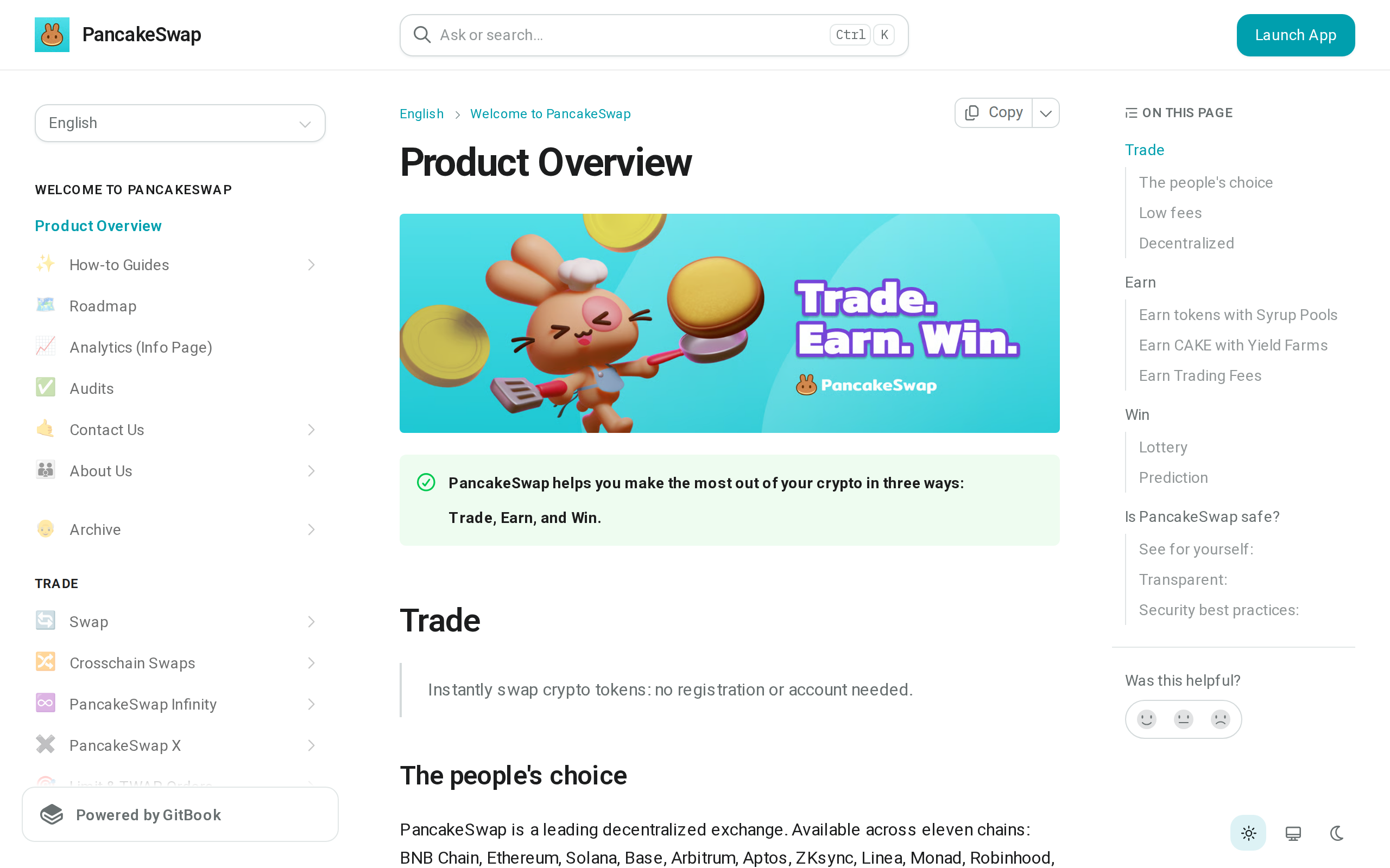 PancakeSwap documentation overview showing the Trade section and product list