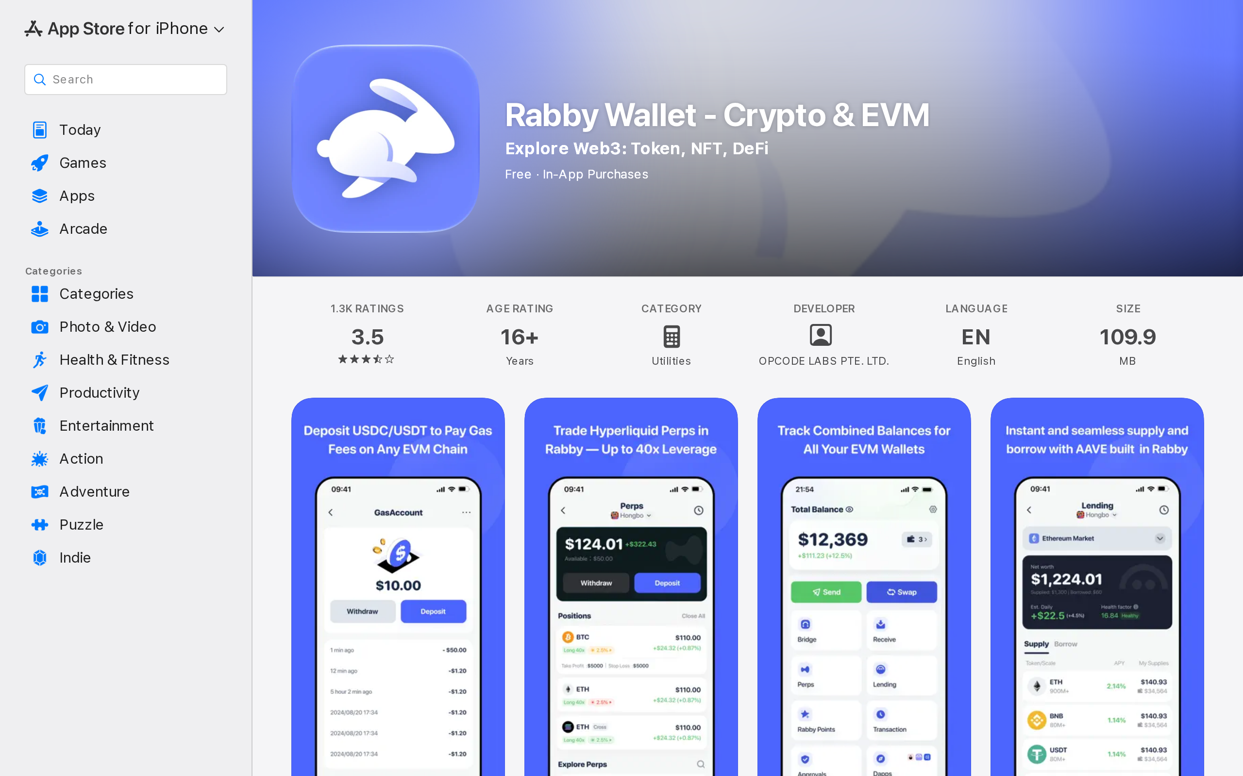 App Store page for Rabby Wallet with the developer listed as Opcode Labs Pte. Ltd.