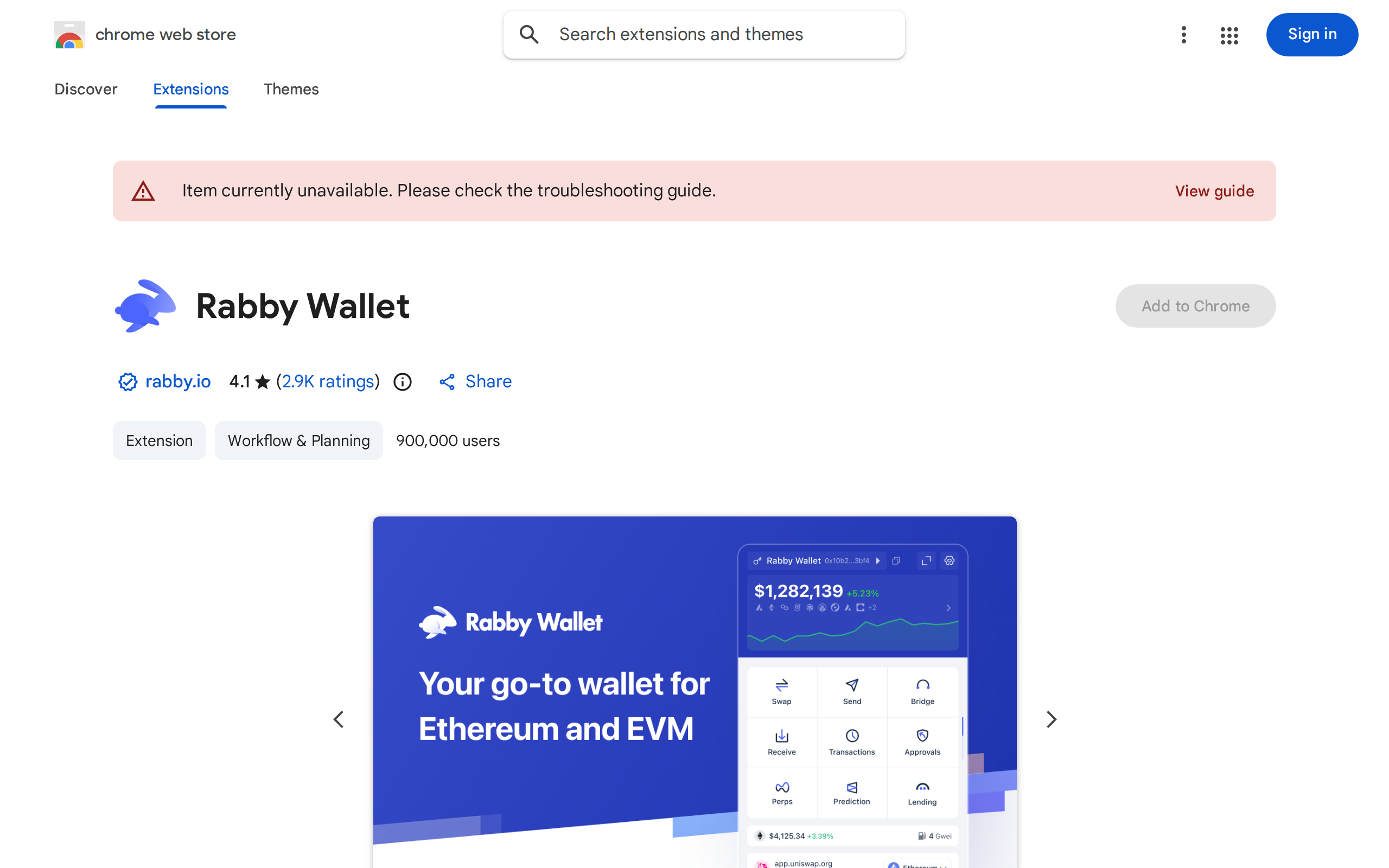 Chrome Web Store listing for Rabby Wallet with screenshots of the extension interface