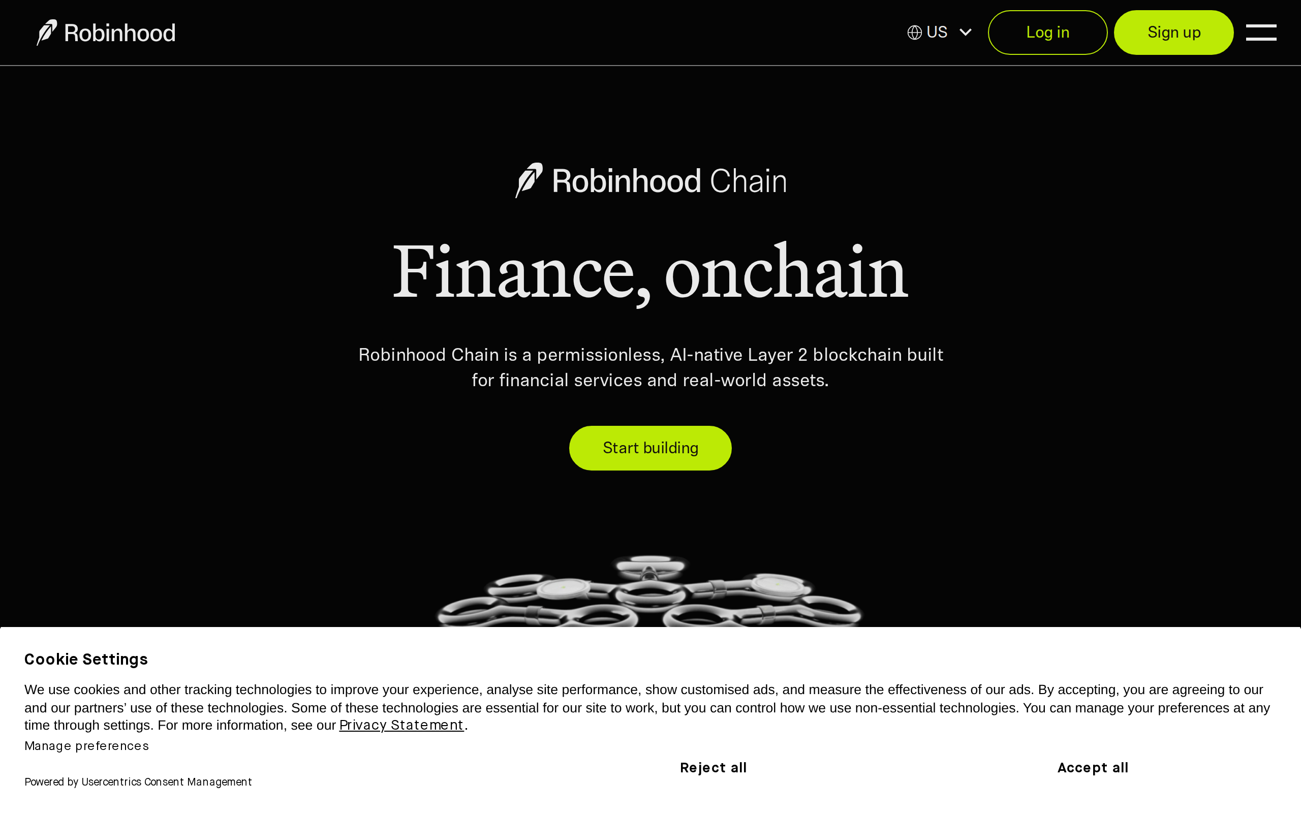 Robinhood Chain page headlined 'Finance, onchain'
