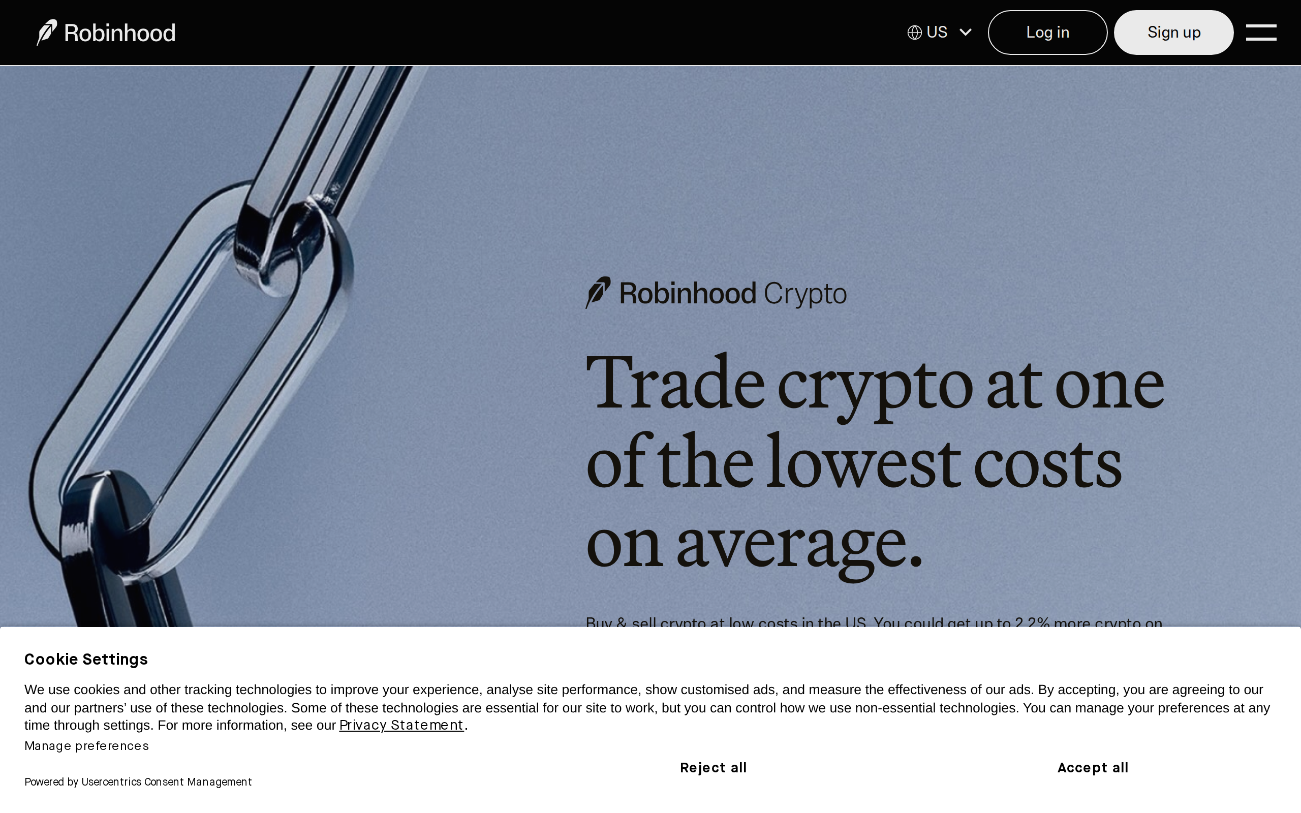 Robinhood Crypto page headlined 'Trade crypto at one of the lowest costs on average' with a phone showing the app