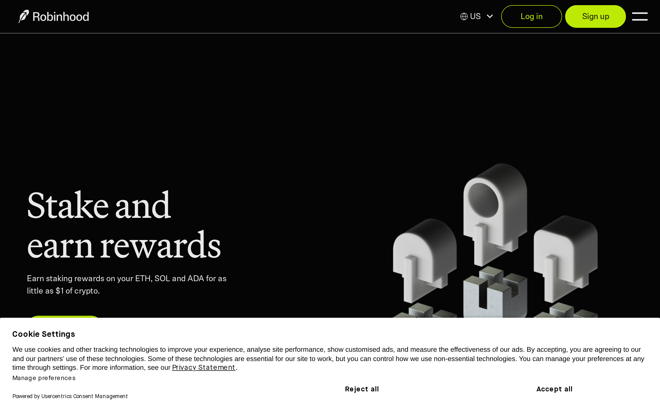 Robinhood staking page headlined 'Stake and earn rewards'