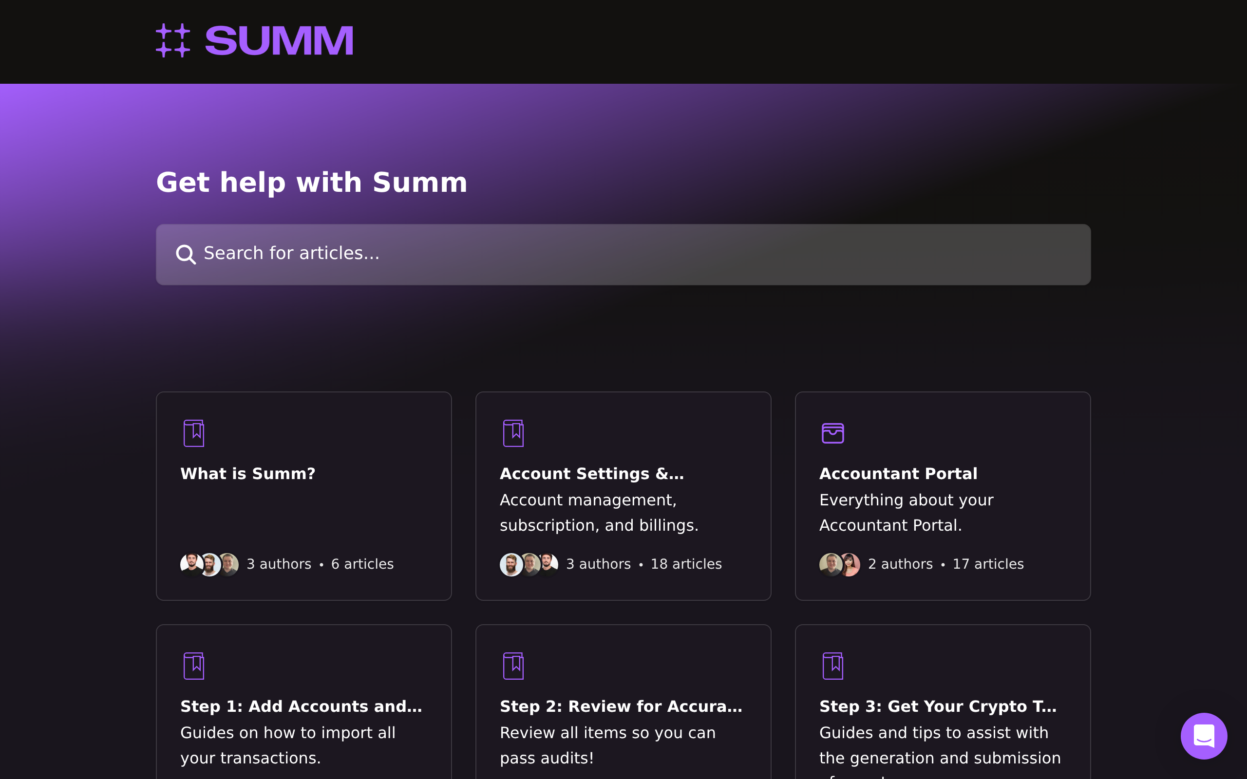 Summ's help centre with sections on account management, accountant portal and importing transactions
