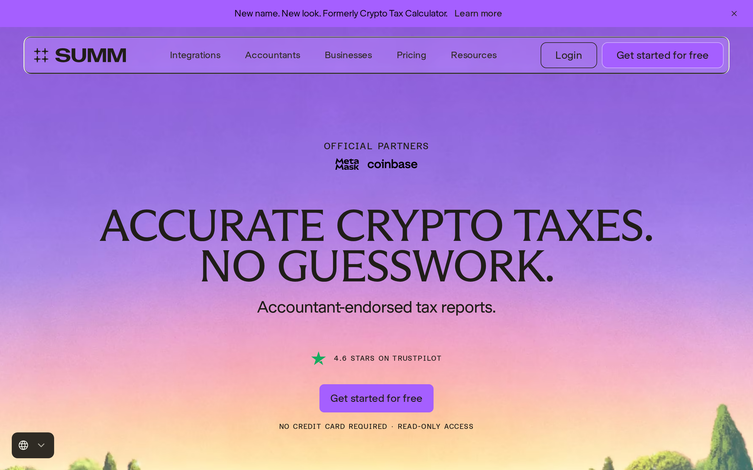 Summ homepage with the headline Accurate crypto taxes, no guesswork and a note about accountant-endorsed tax reports