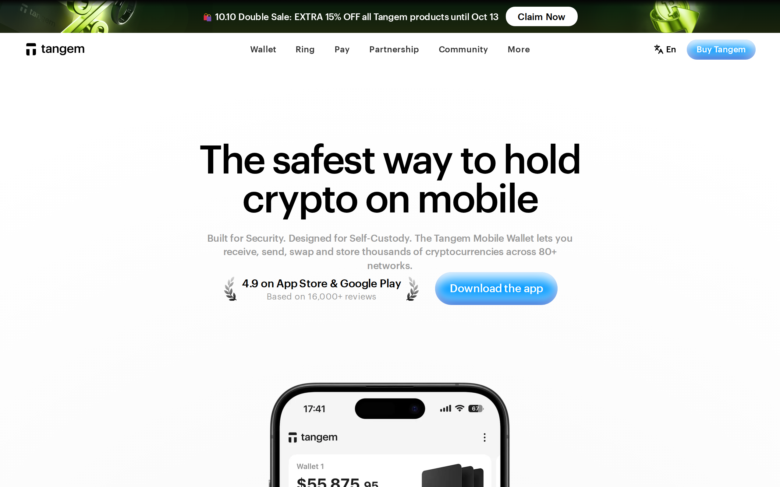 Tangem mobile wallet page headlined 'The safest way to hold crypto on mobile'