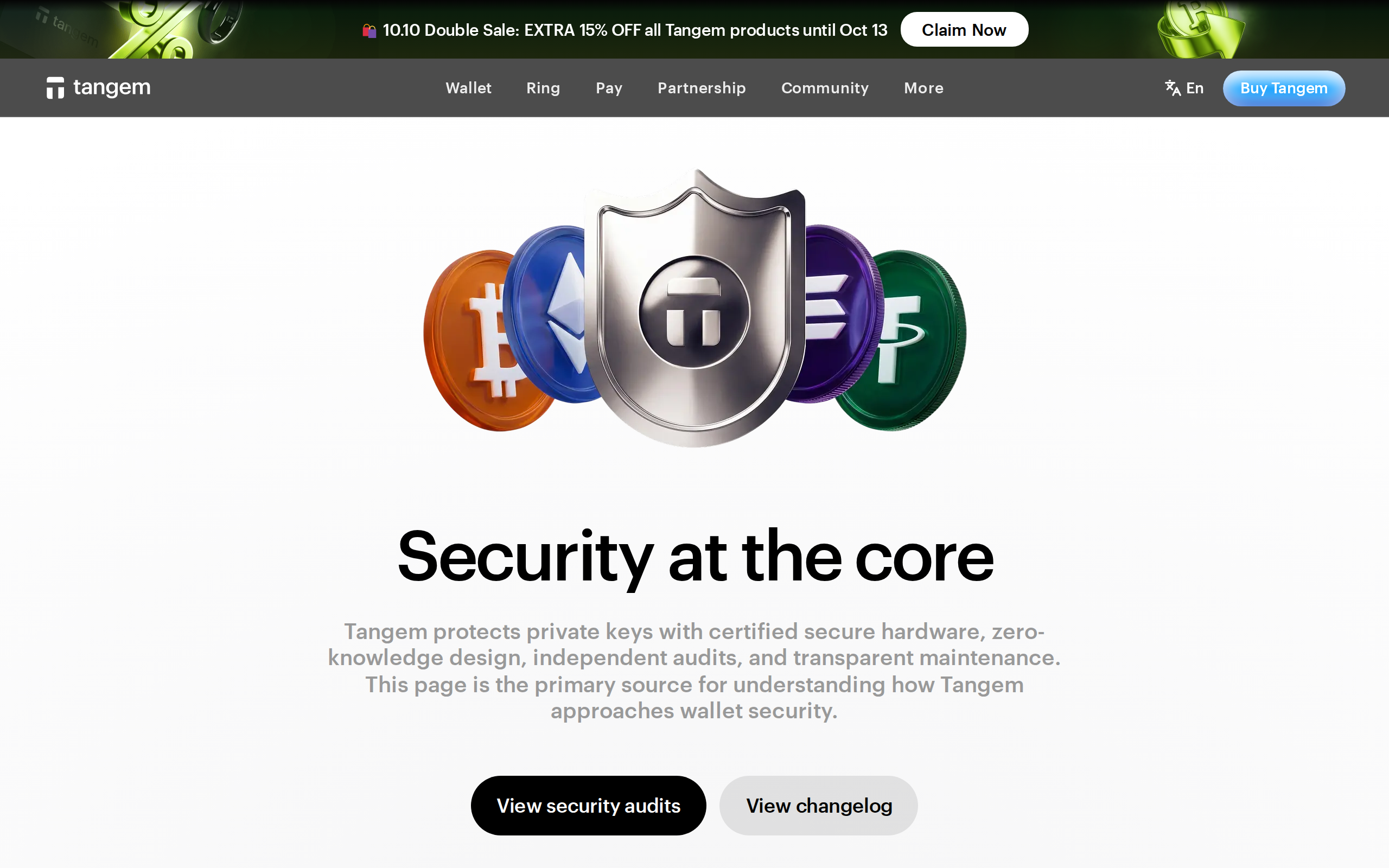 Tangem security page headlined 'Security at the core'