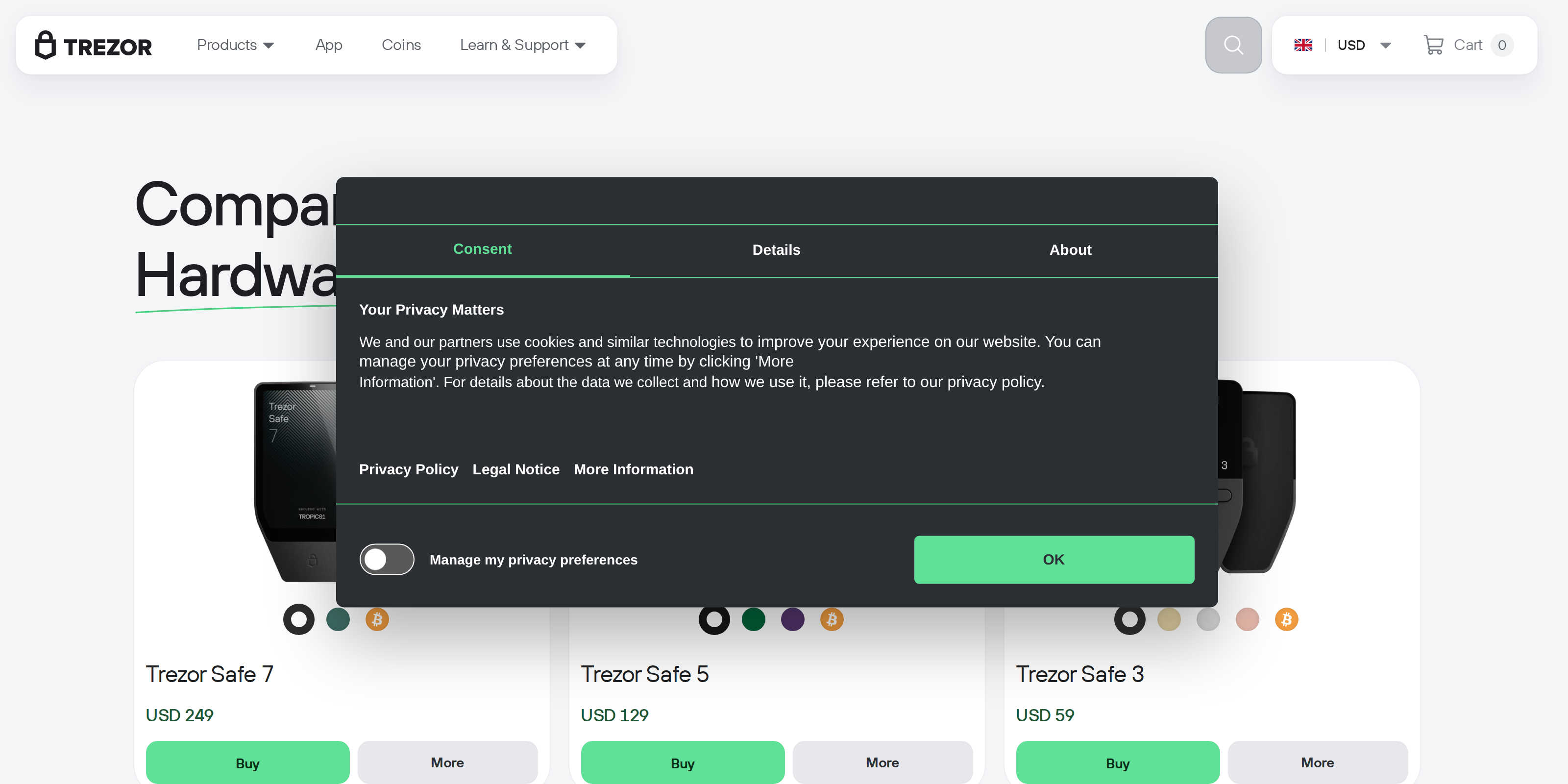 Trezor page headed Compare Trezor Hardware Wallets