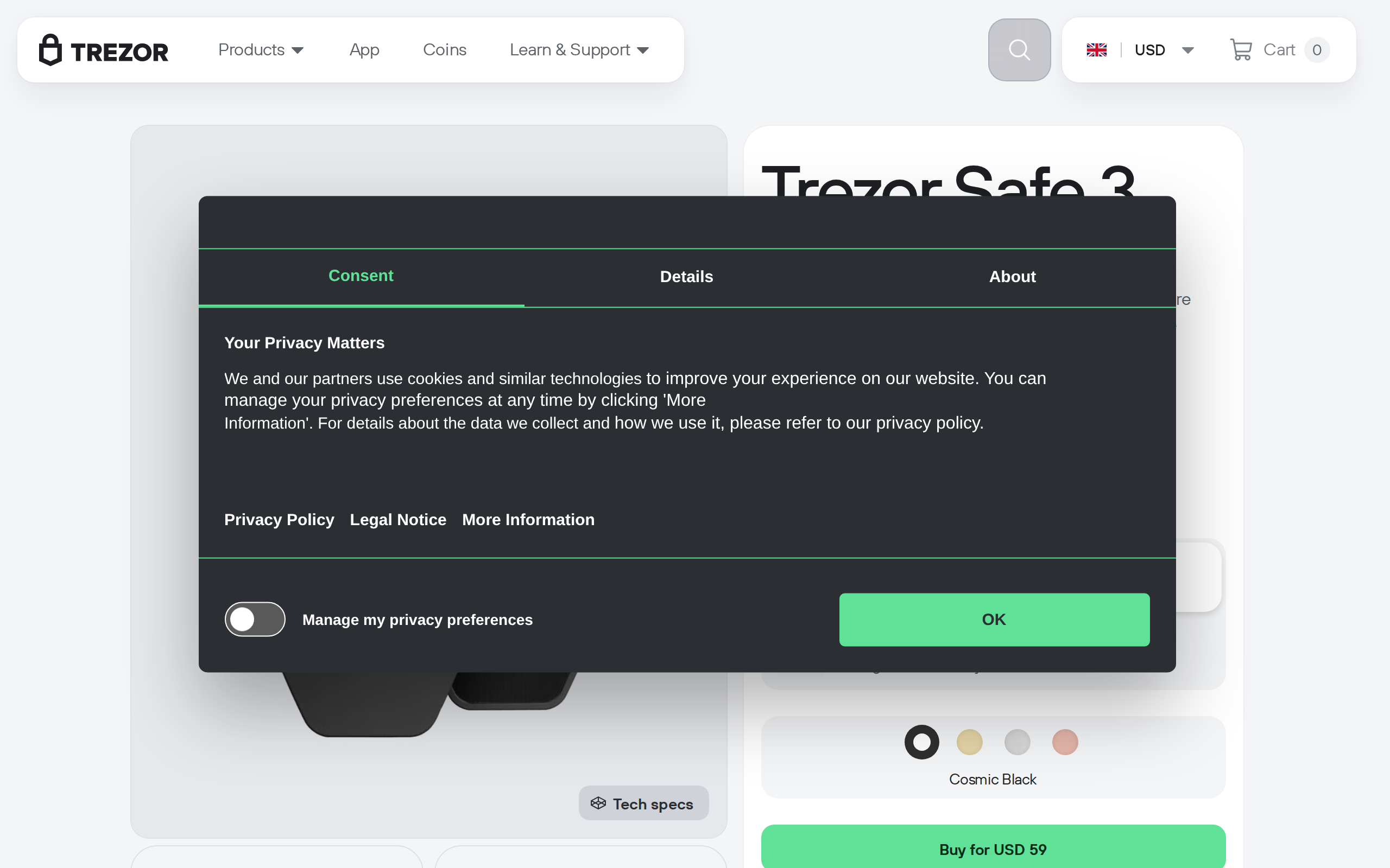 Trezor product page showing the Safe 3 in Cosmic Black with the headline Trezor Safe 3