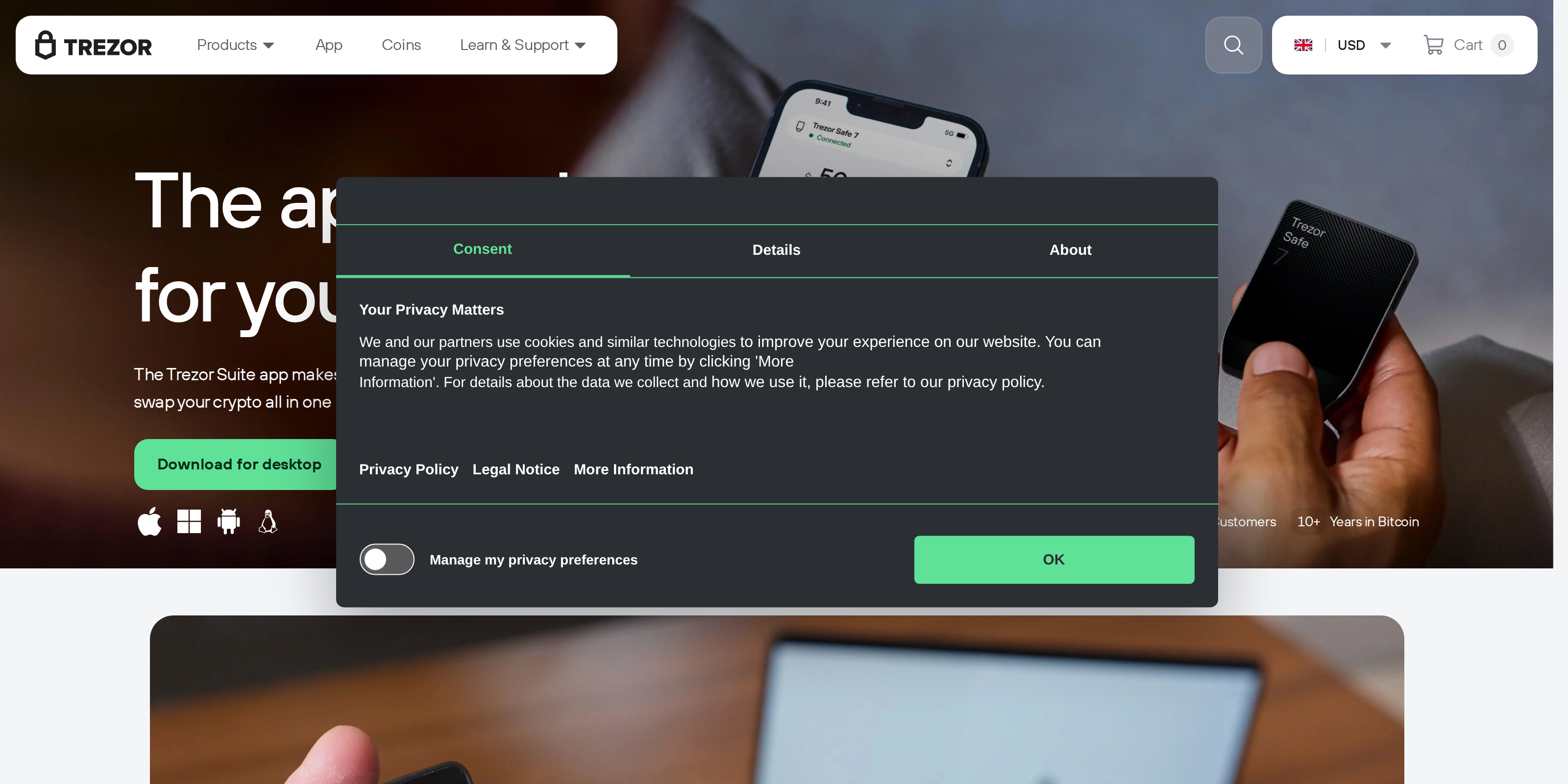 Trezor Suite app page showing the application interface on a desktop screen