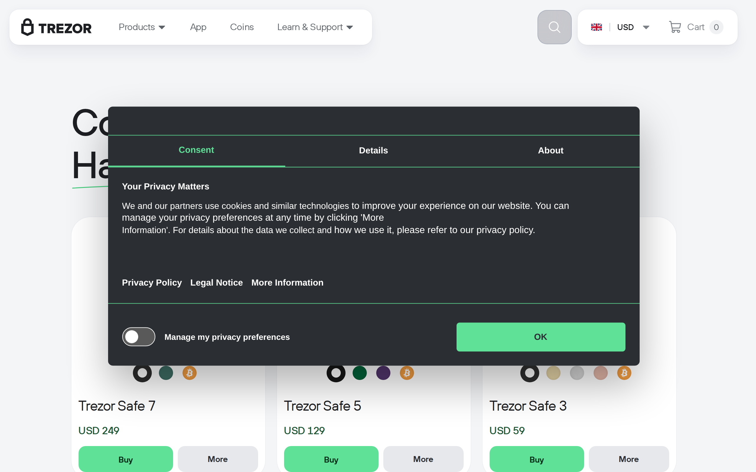 Trezor comparison page listing the Safe 7, Safe 5 and Safe 3 side by side