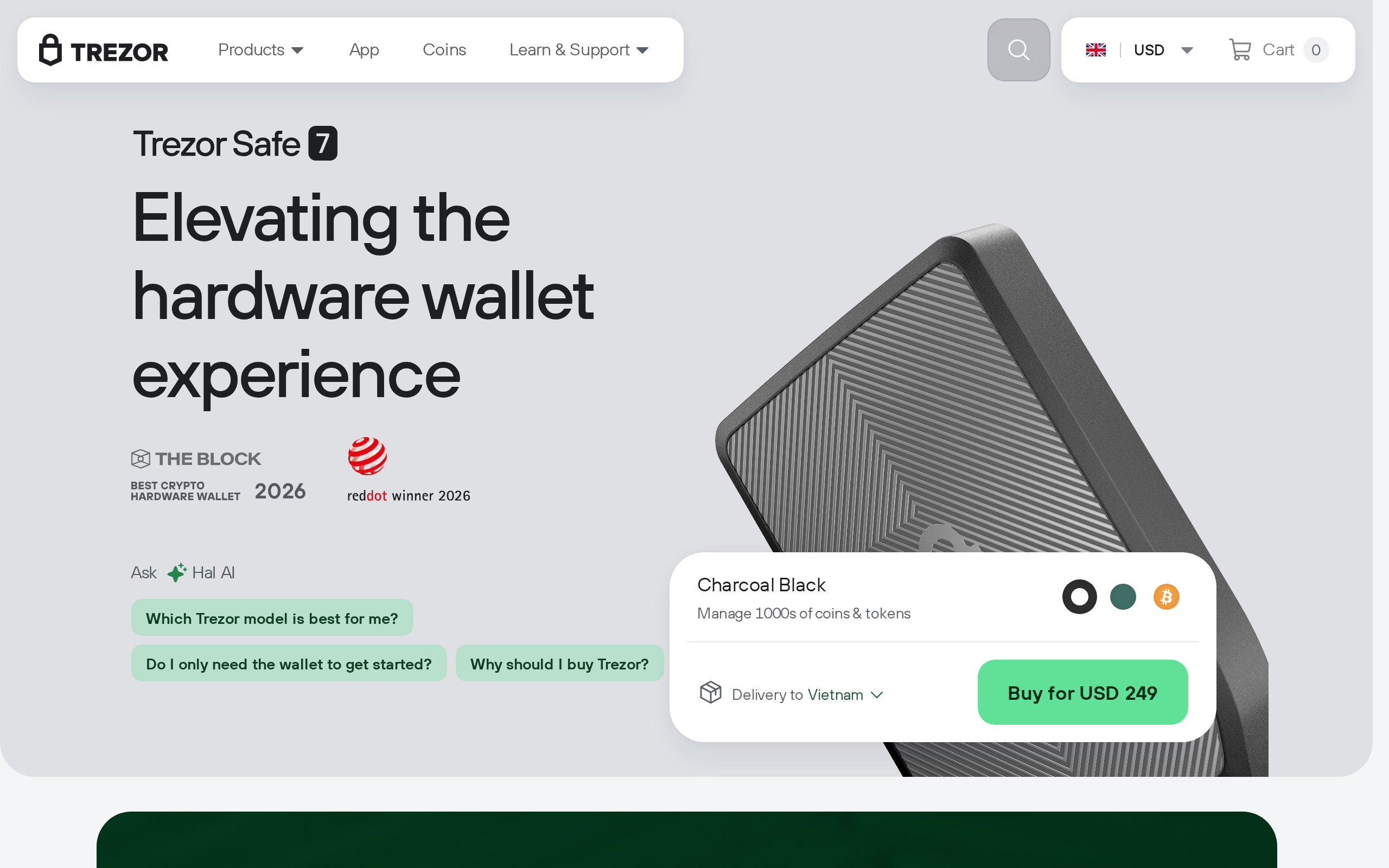 Trezor Safe 7 product page with the heading Elevating the hardware wallet experience