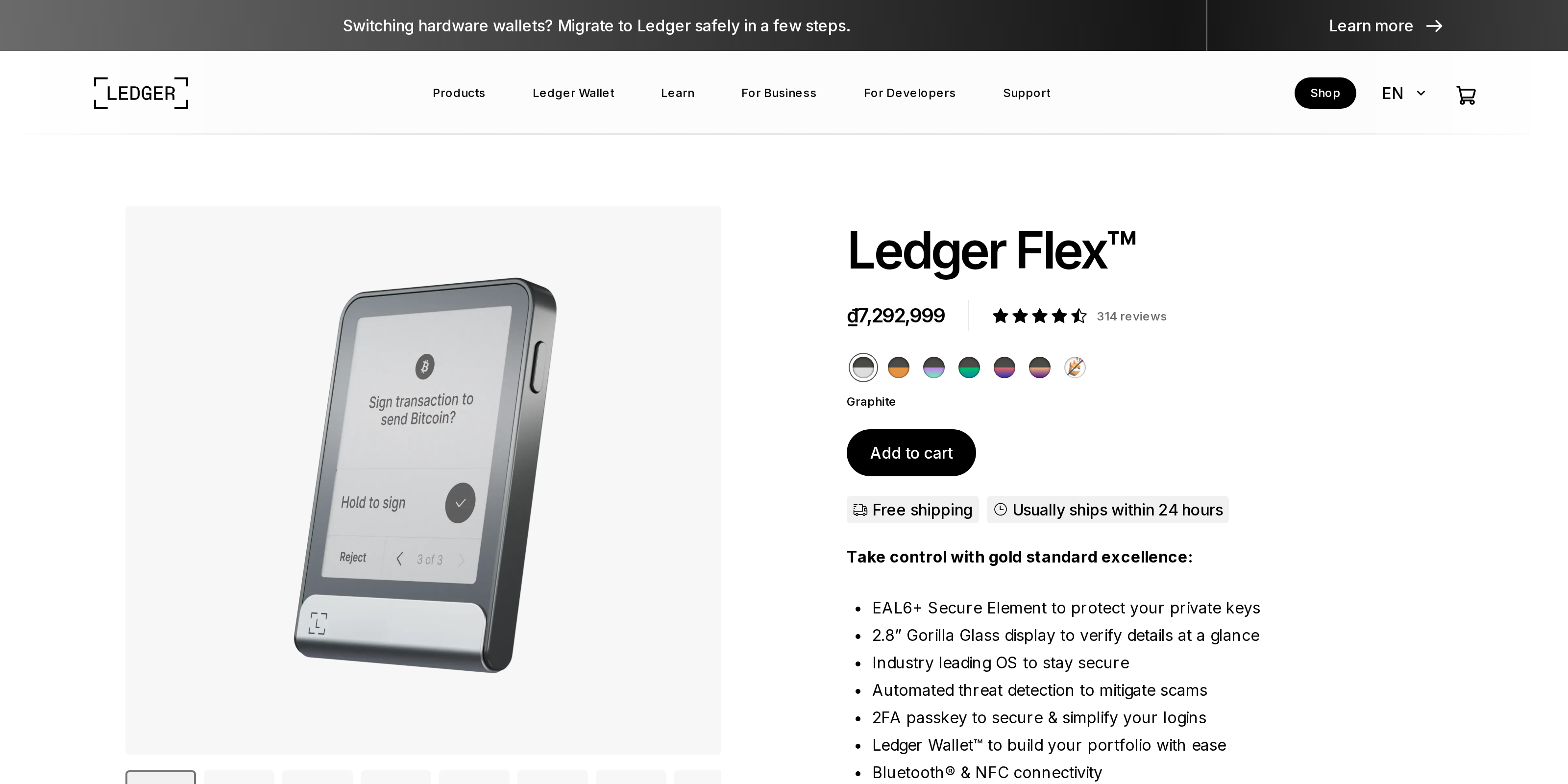 Ledger Flex product page with the heading Ledger Flex and the line about an EAL6+ Secure Element