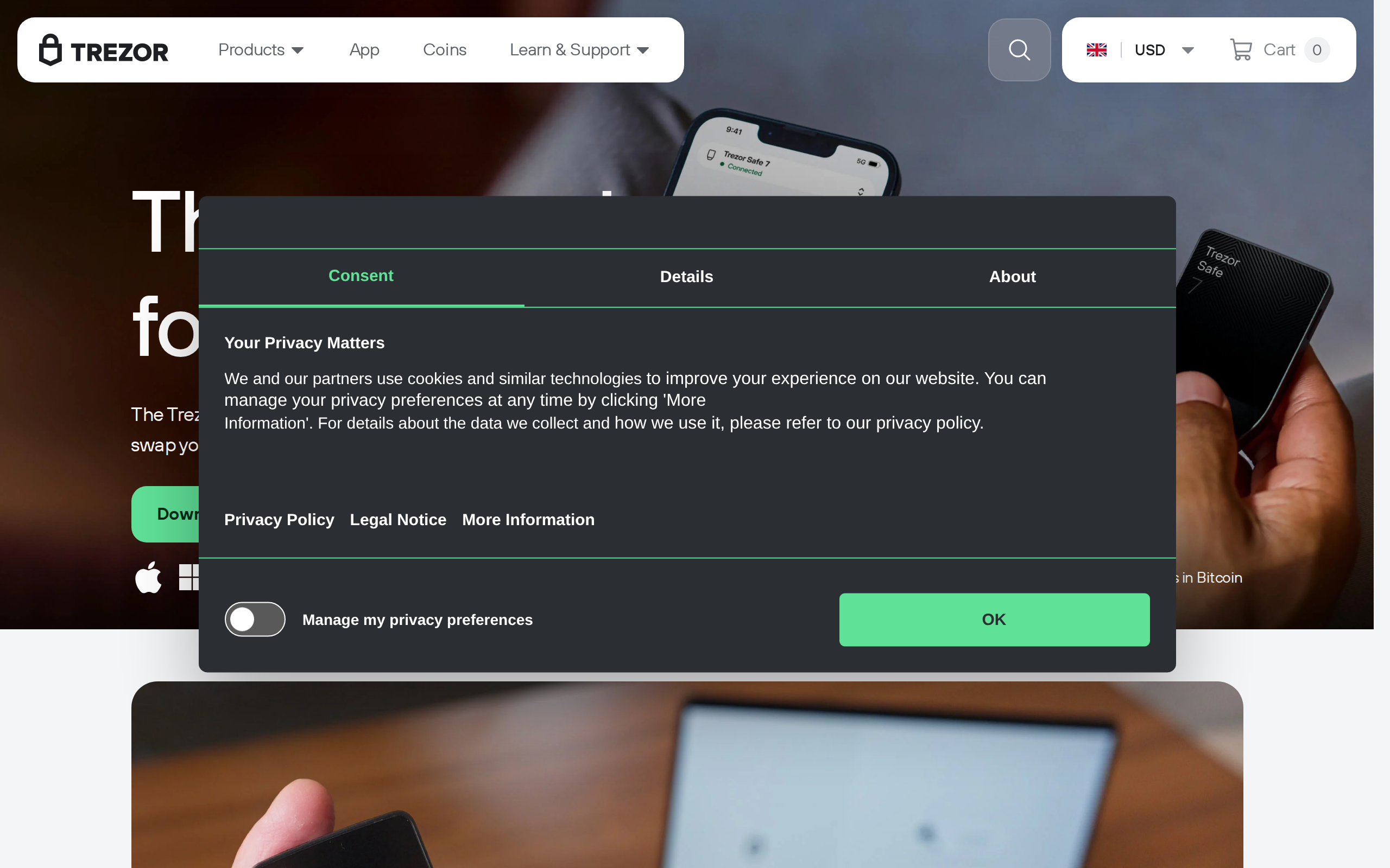 Trezor Suite page headed The app made for your Trezor, showing the Suite interface