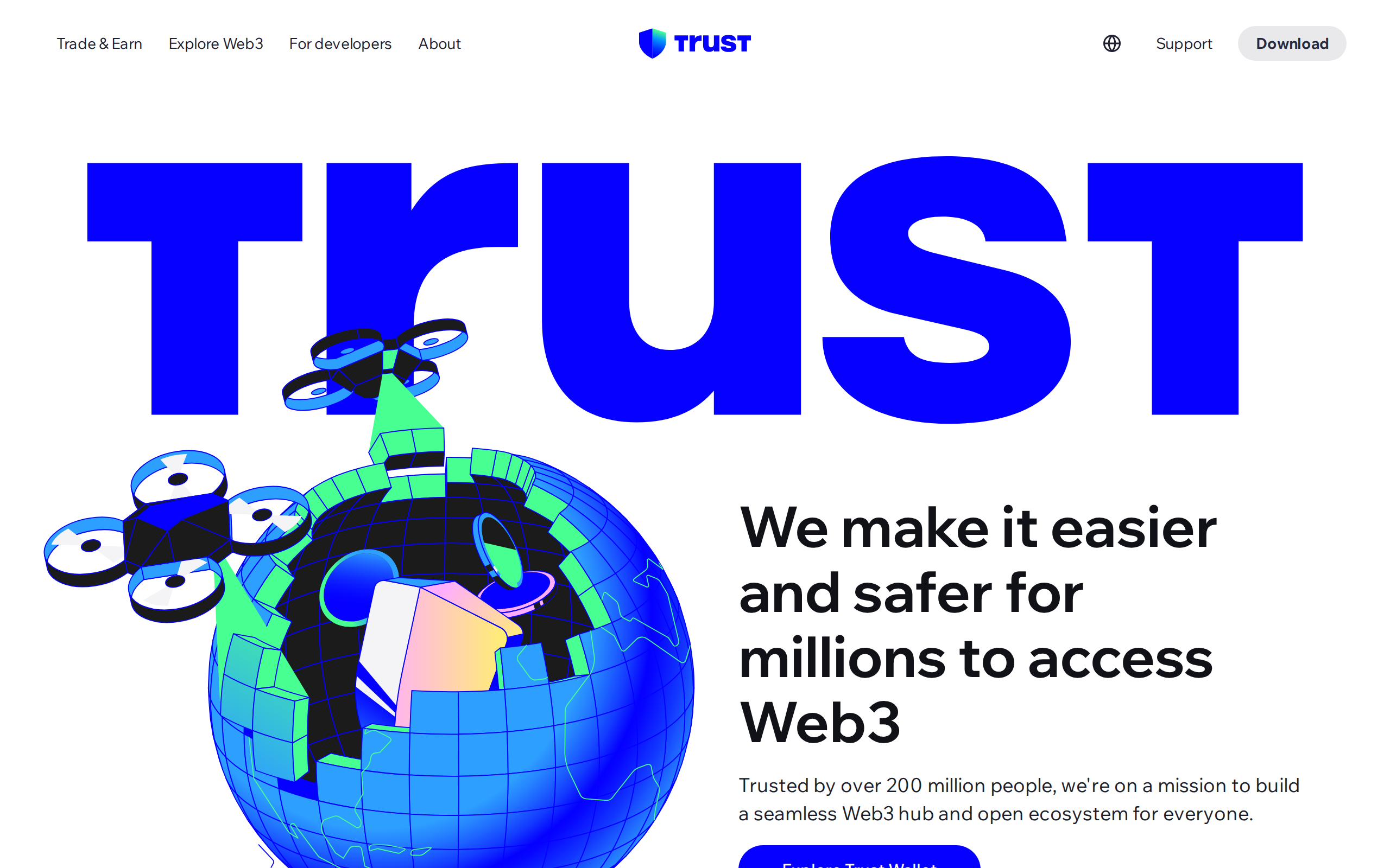 Trust Wallet About page with the heading We make it easier and safer for millions to access Web3
