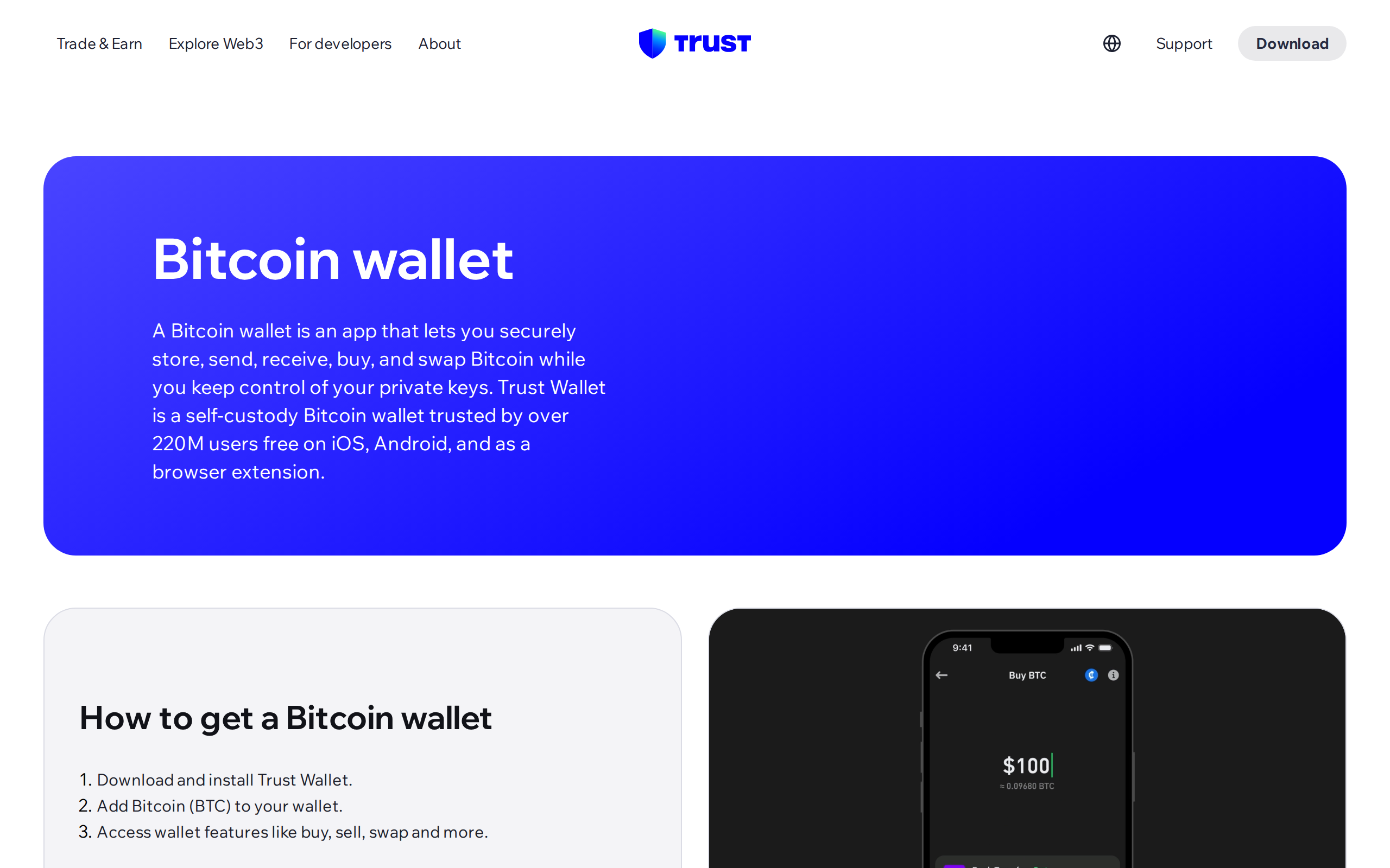 Trust Wallet Bitcoin wallet page with the heading Bitcoin wallet and steps to get started