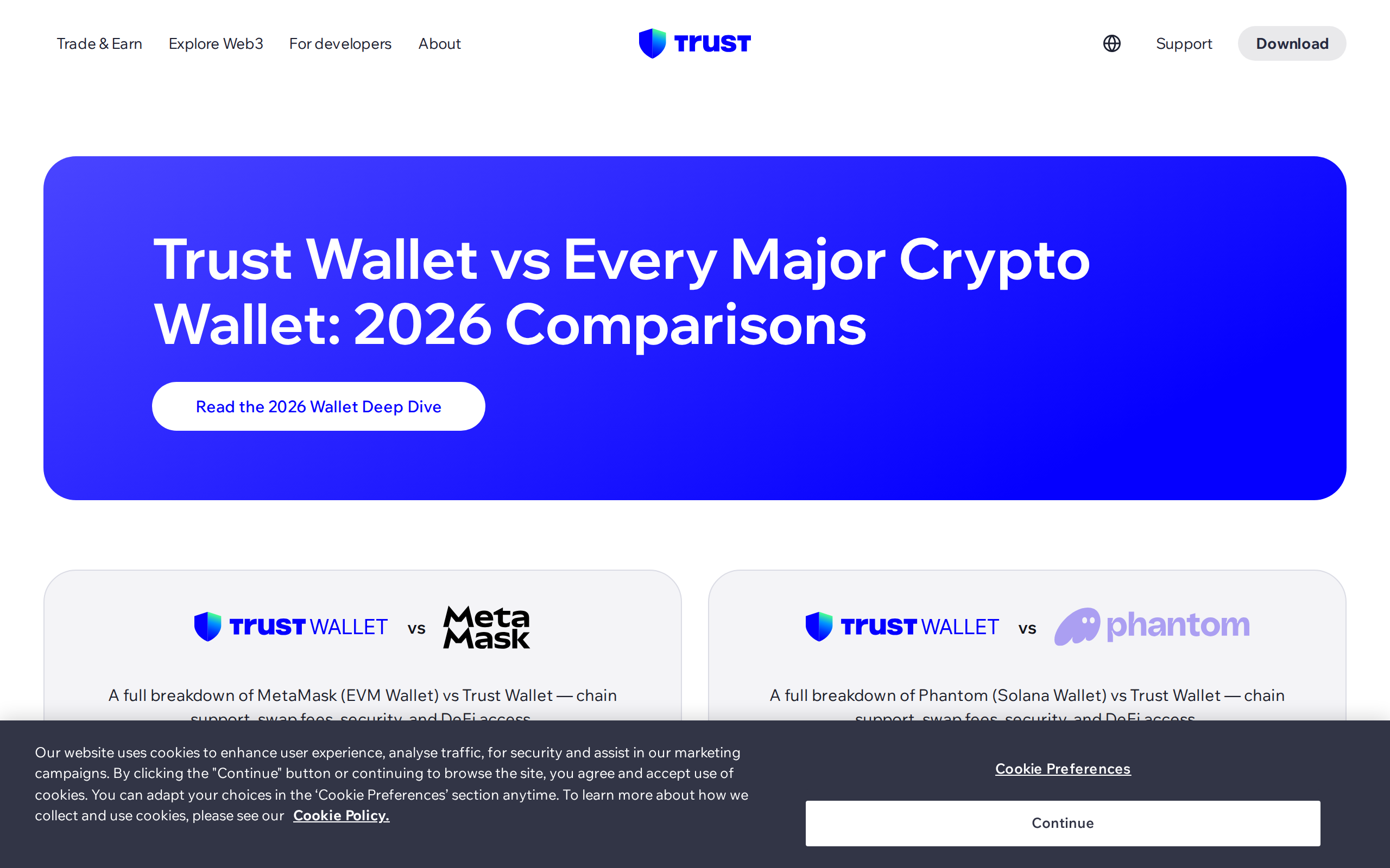 Trust Wallet comparison page with the heading Trust Wallet vs Every Major Crypto Wallet