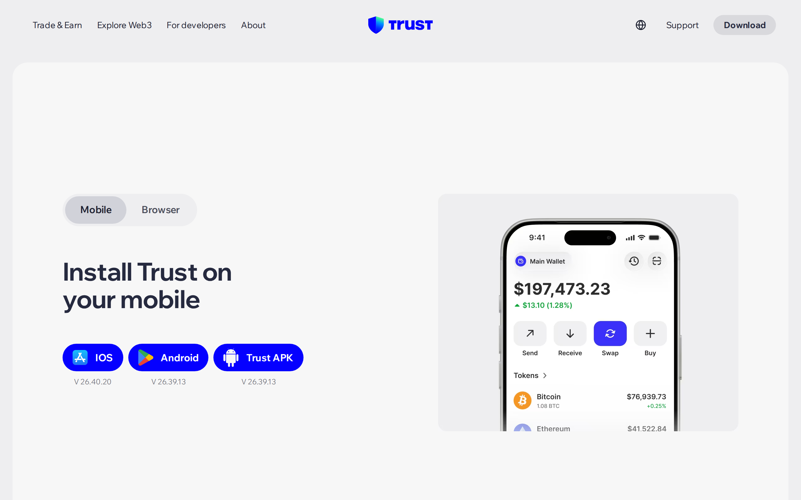 Trust Wallet download page with the heading Install Trust on your mobile