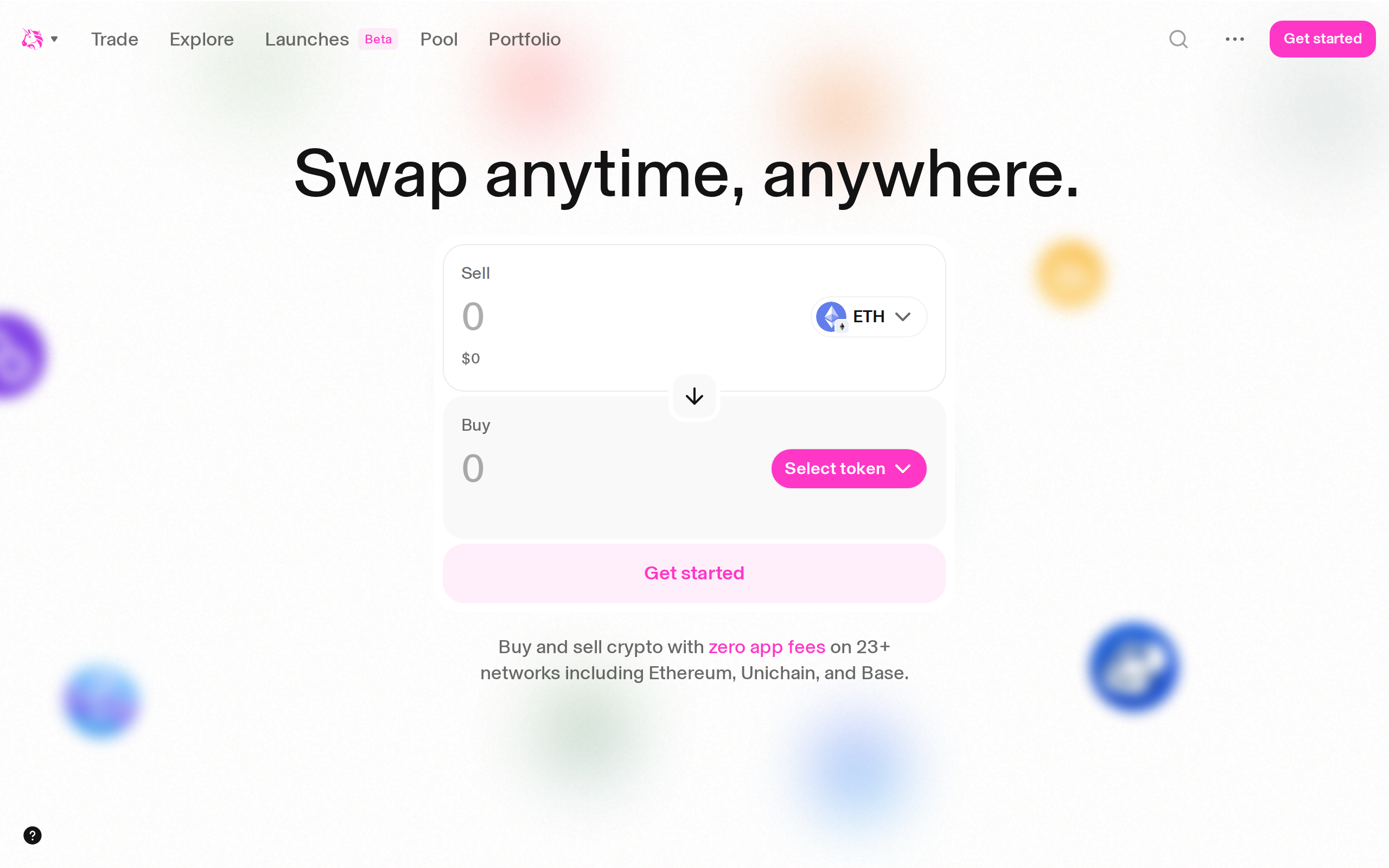 Uniswap homepage headline reading Swap anytime, anywhere